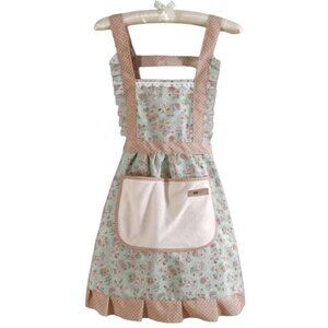 Apron Bib Sweet Vintage Retro Vibe  Pockets Waist Tie Floral Polka Dot Green